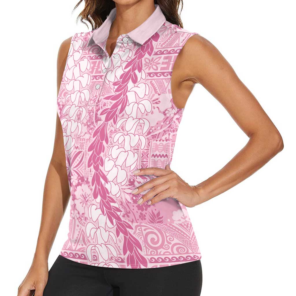 Pink Puakenikeni and Maile Lei Women Sleeveless Polo Shirt Hawaiian Style Tribal Tapa Double Strand Lei