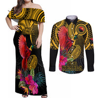 Personalised Papua New Guinea Rugby Couples Matching Off Shoulder Maxi Dress and Long Sleeve Button Shirt PNG Kumuls Champions Pacific Bowl LT9 Gold - Polynesian Pride