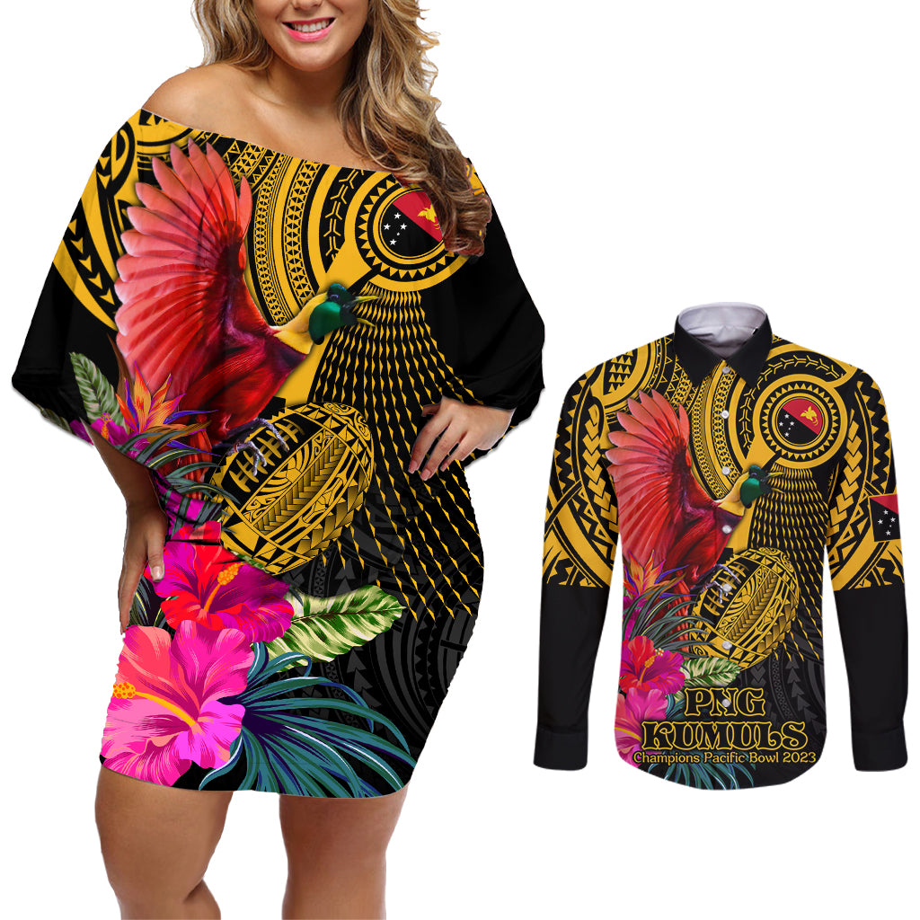 Personalised Papua New Guinea Rugby Couples Matching Off Shoulder Short Dress and Long Sleeve Button Shirt PNG Kumuls Champions Pacific Bowl LT9 Gold - Polynesian Pride