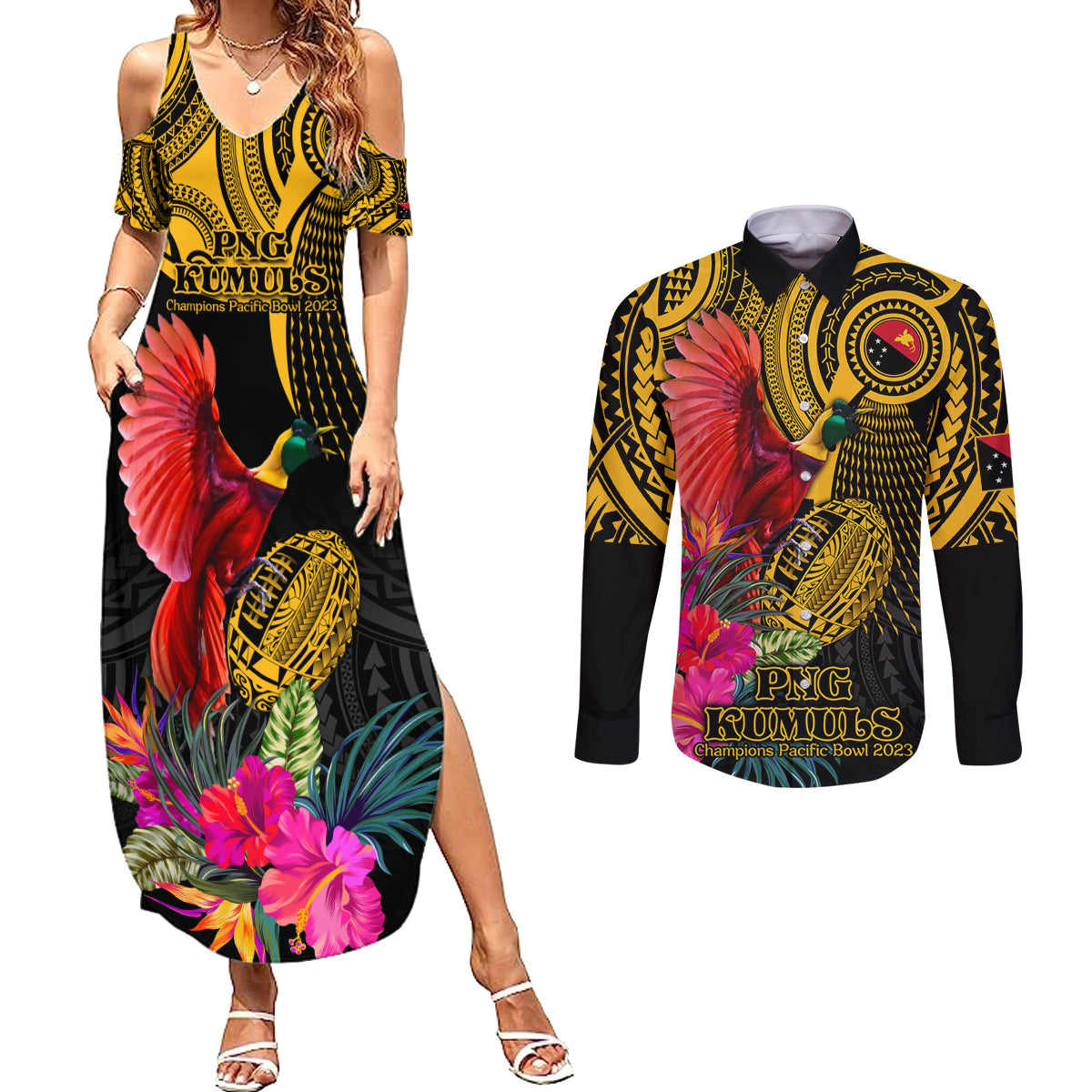 Personalised Papua New Guinea Rugby Couples Matching Summer Maxi Dress and Long Sleeve Button Shirt PNG Kumuls Champions Pacific Bowl LT9 Gold - Polynesian Pride