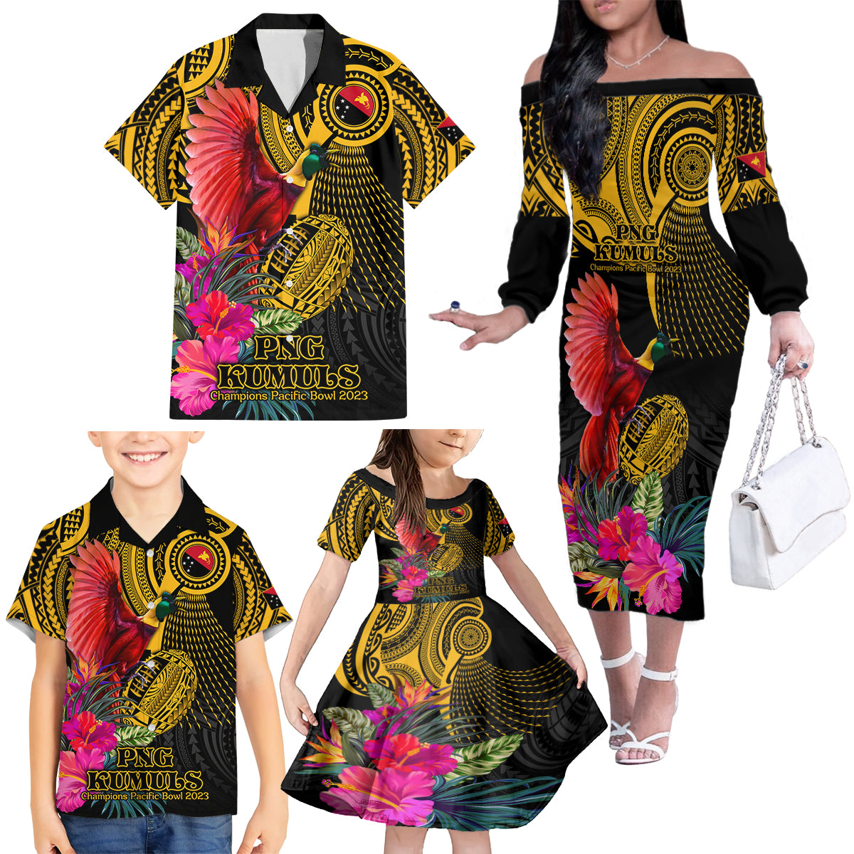 Personalised Papua New Guinea Rugby Family Matching Off Shoulder Long Sleeve Dress and Hawaiian Shirt PNG Kumuls Champions Pacific Bowl LT9 - Polynesian Pride