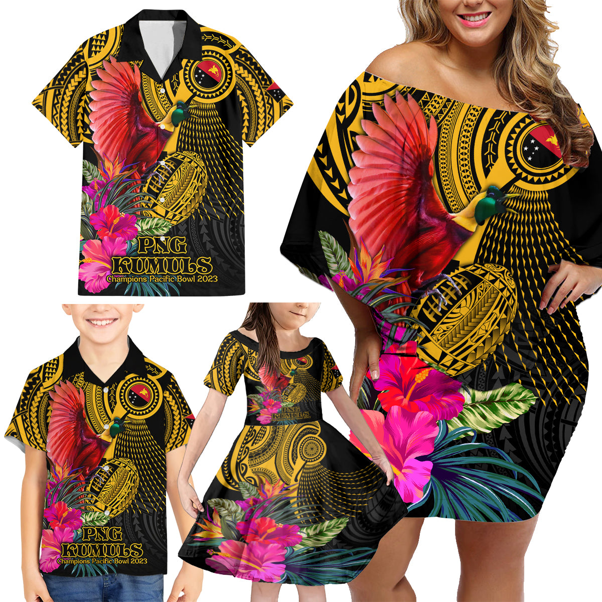 Personalised Papua New Guinea Rugby Family Matching Off Shoulder Short Dress and Hawaiian Shirt PNG Kumuls Champions Pacific Bowl LT9 - Polynesian Pride