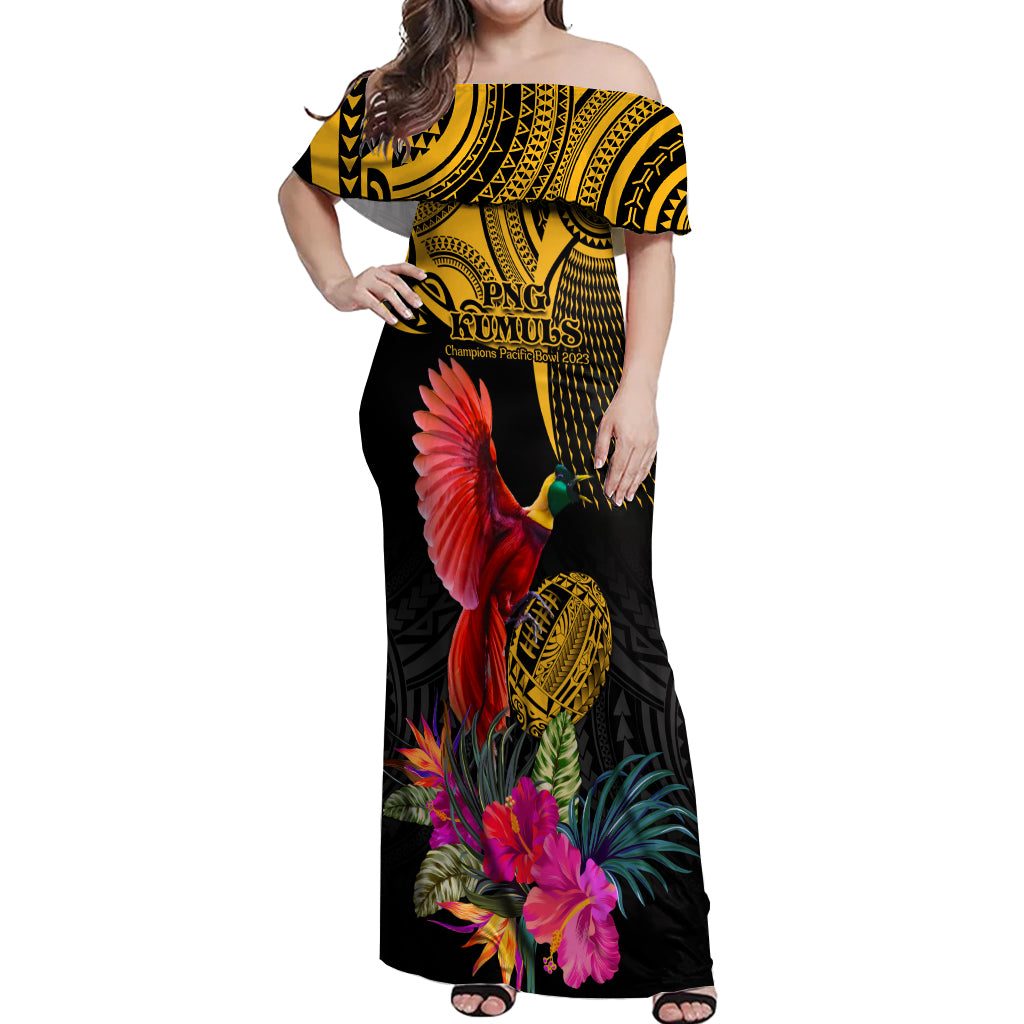 Personalised Papua New Guinea Rugby Off Shoulder Maxi Dress PNG Kumuls Champions Pacific Bowl LT9 Women Gold - Polynesian Pride