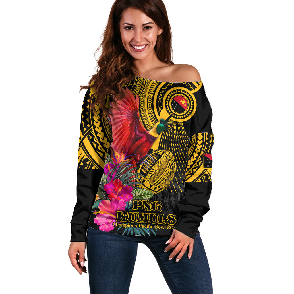 Personalised Papua New Guinea Rugby Off Shoulder Sweater PNG Kumuls Champions Pacific Bowl LT9 Women Gold - Polynesian Pride