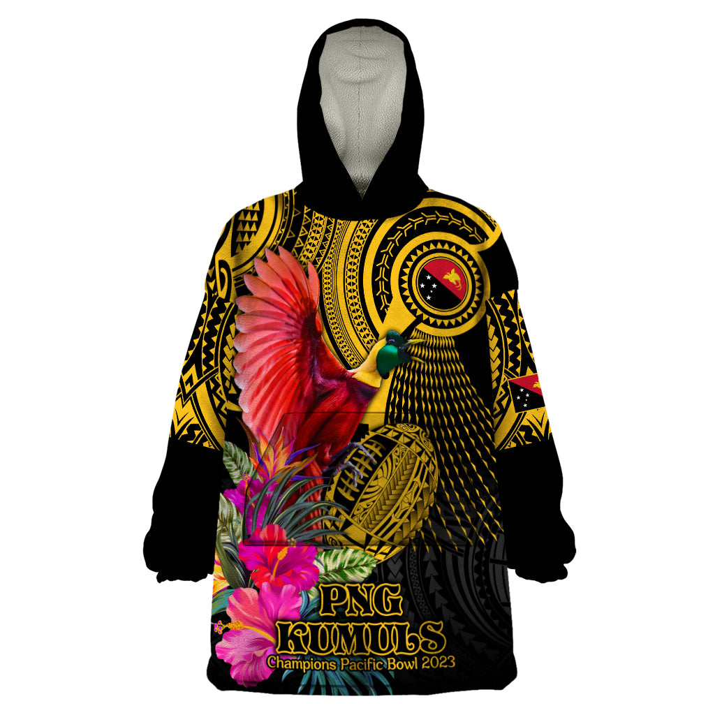Personalised Papua New Guinea Rugby Wearable Blanket Hoodie PNG Kumuls Champions Pacific Bowl LT9 One Size Gold - Polynesian Pride