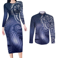 New Zealand Galaxy Fern Couples Matching Long Sleeve Bodycon Dress and Long Sleeve Button Shirt