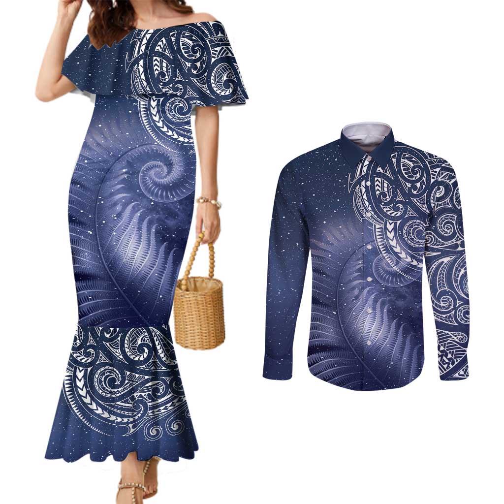 New Zealand Galaxy Fern Couples Matching Mermaid Dress and Long Sleeve Button Shirt LT9 Galaxy - Polynesian Pride