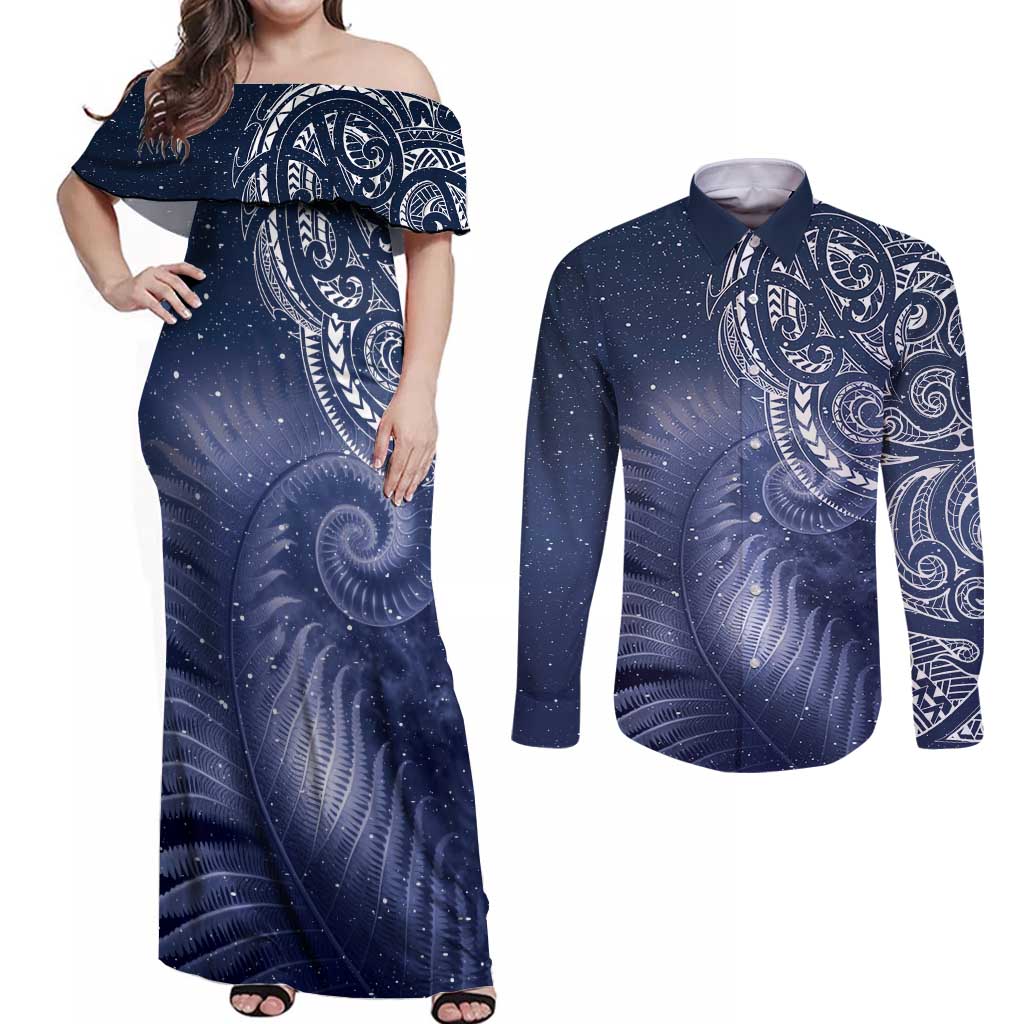 New Zealand Galaxy Fern Couples Matching Off Shoulder Maxi Dress and Long Sleeve Button Shirt LT9 Galaxy - Polynesian Pride