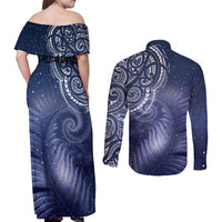 New Zealand Galaxy Fern Couples Matching Off Shoulder Maxi Dress and Long Sleeve Button Shirt