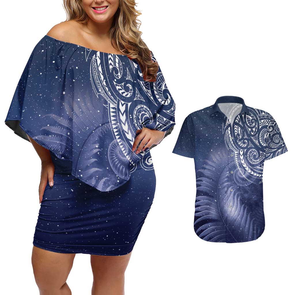 New Zealand Galaxy Fern Couples Matching Off Shoulder Short Dress and Hawaiian Shirt