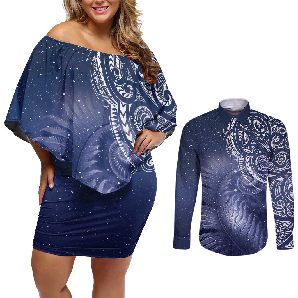 New Zealand Galaxy Fern Couples Matching Off Shoulder Short Dress and Long Sleeve Button Shirt LT9 Galaxy - Polynesian Pride