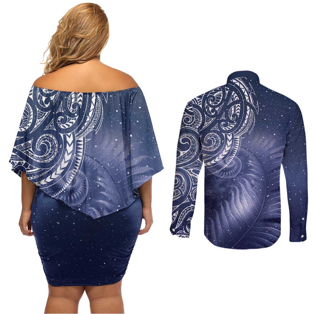 New Zealand Galaxy Fern Couples Matching Off Shoulder Short Dress and Long Sleeve Button Shirt