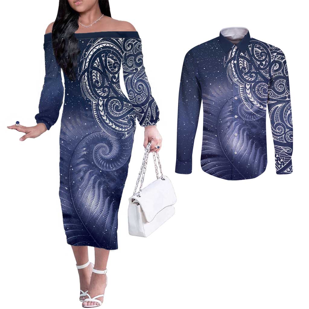 New Zealand Galaxy Fern Couples Matching Off The Shoulder Long Sleeve Dress and Long Sleeve Button Shirt LT9 Galaxy - Polynesian Pride