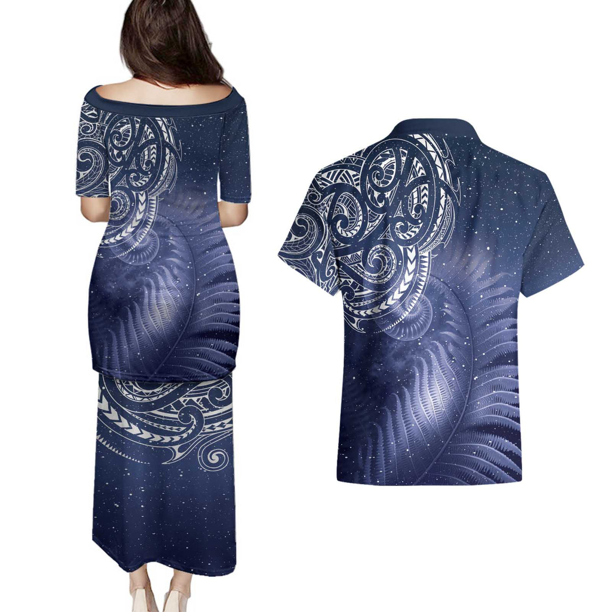 New Zealand Galaxy Fern Couples Matching Puletasi and Hawaiian Shirt