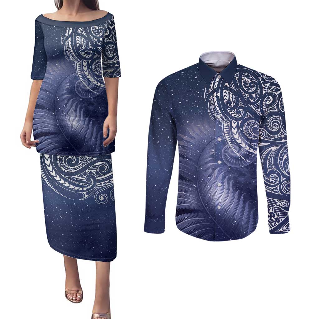 New Zealand Galaxy Fern Couples Matching Puletasi and Long Sleeve Button Shirt LT9 Galaxy - Polynesian Pride