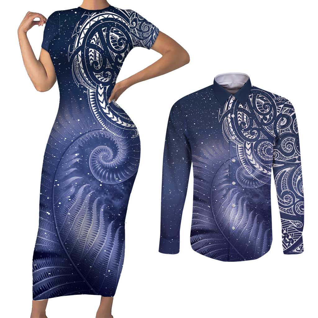 New Zealand Galaxy Fern Couples Matching Short Sleeve Bodycon Dress and Long Sleeve Button Shirt LT9 Galaxy - Polynesian Pride