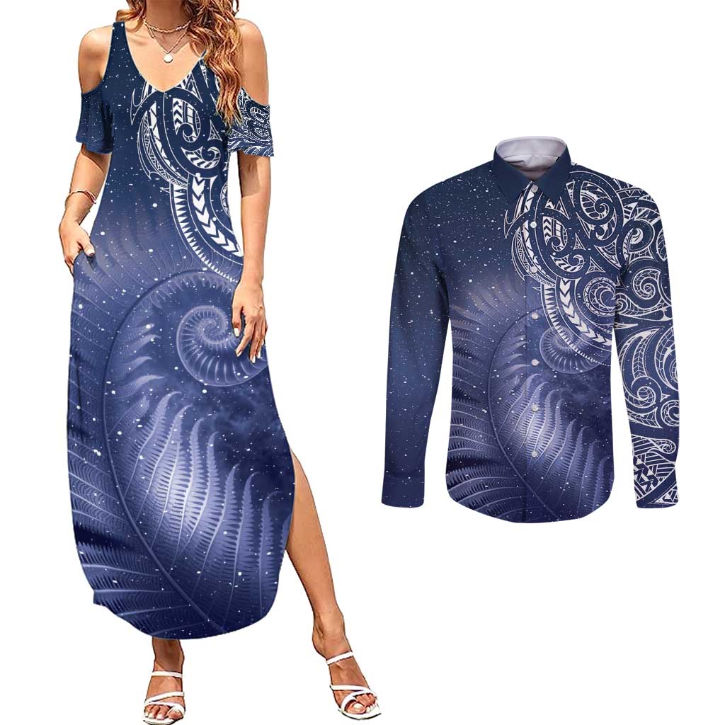 New Zealand Galaxy Fern Couples Matching Summer Maxi Dress and Long Sleeve Button Shirt LT9 Galaxy - Polynesian Pride
