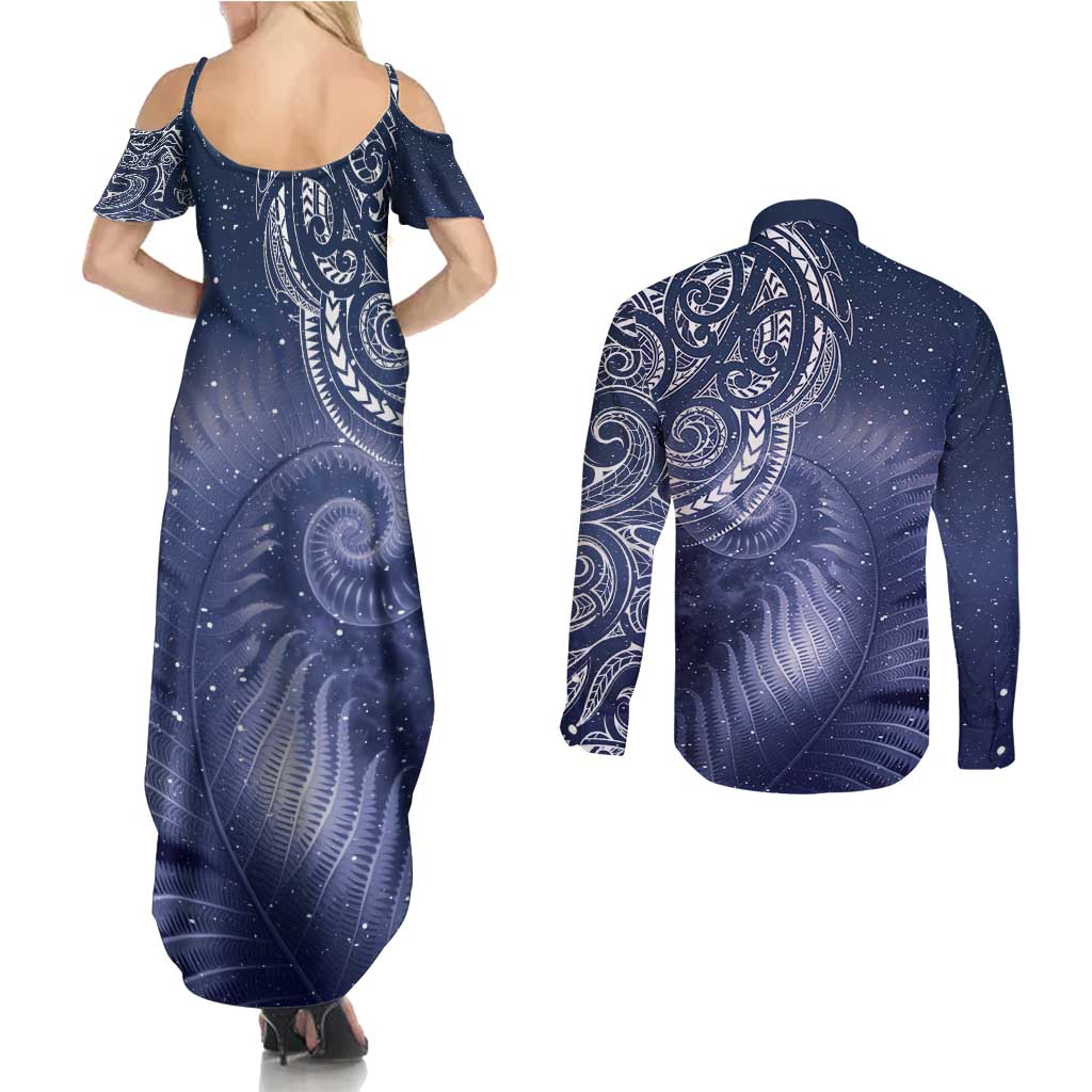 New Zealand Galaxy Fern Couples Matching Summer Maxi Dress and Long Sleeve Button Shirt