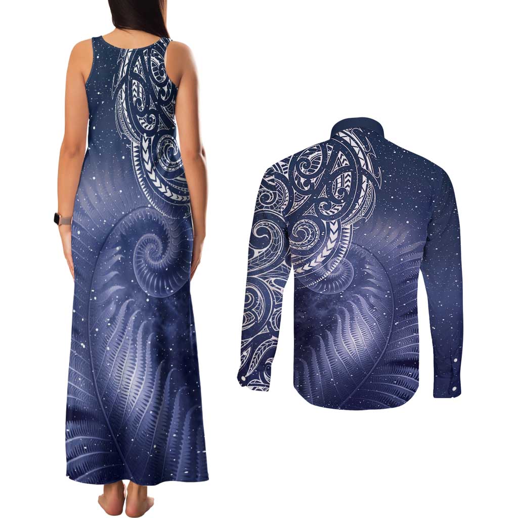 New Zealand Galaxy Fern Couples Matching Tank Maxi Dress and Long Sleeve Button Shirt