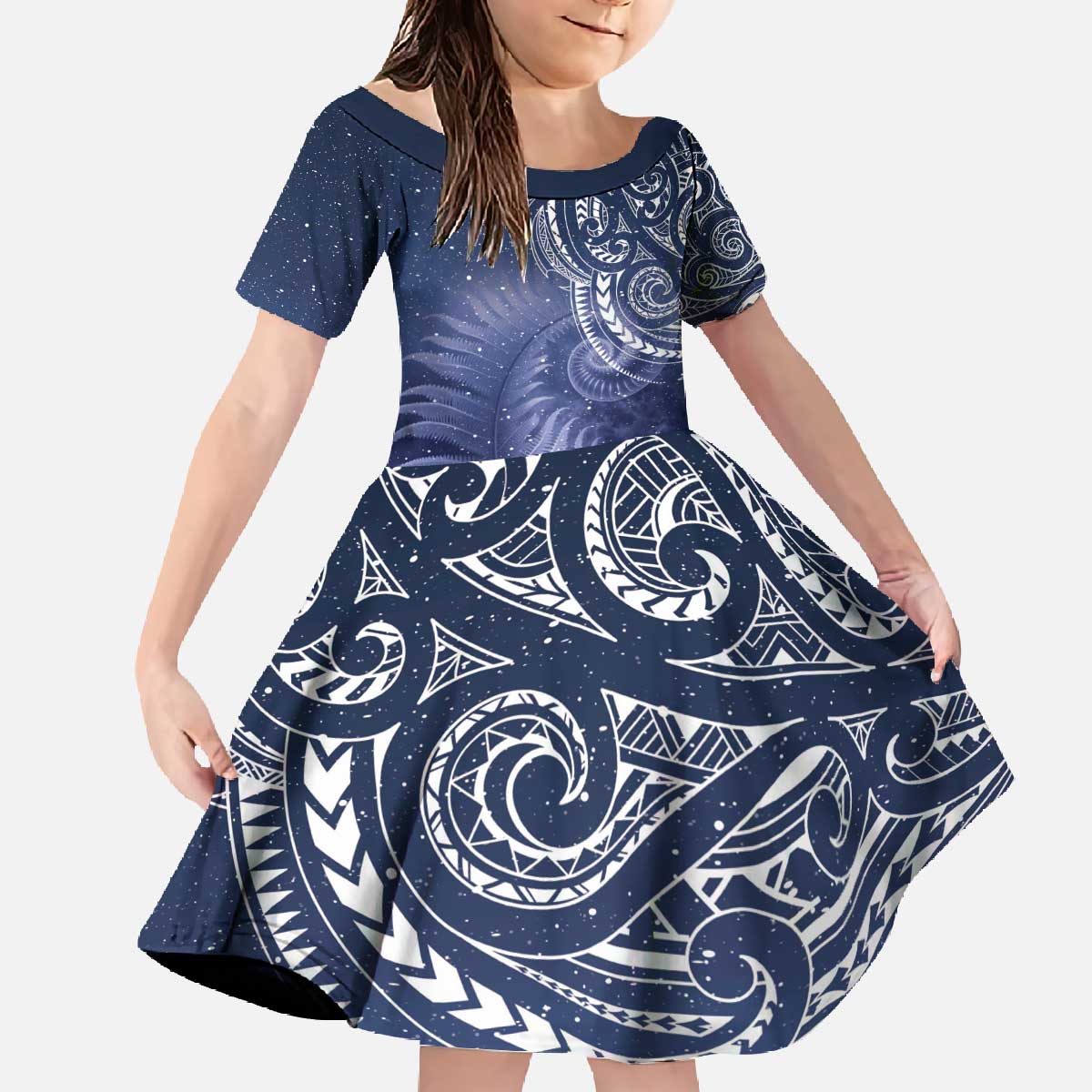 New Zealand Galaxy Fern Family Matching Off The Shoulder Long Sleeve Dress and Hawaiian Shirt LT9 Daughter's Dress Galaxy - Polynesian Pride