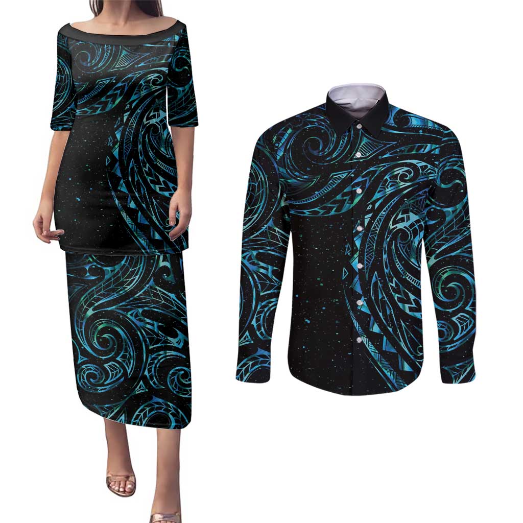 New Zealand Tribal Tattoo Couples Matching Puletasi and Long Sleeve Button Shirt With Matariki Art LT9 Galaxy - Polynesian Pride