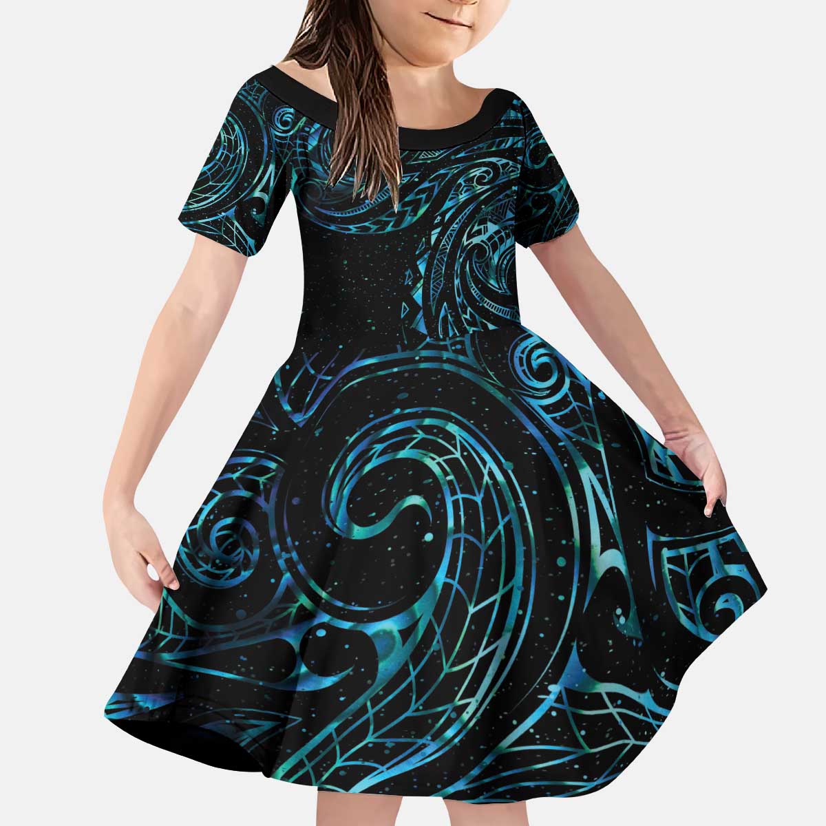 New Zealand Tribal Tattoo Kid Short Sleeve Dress With Matariki Art