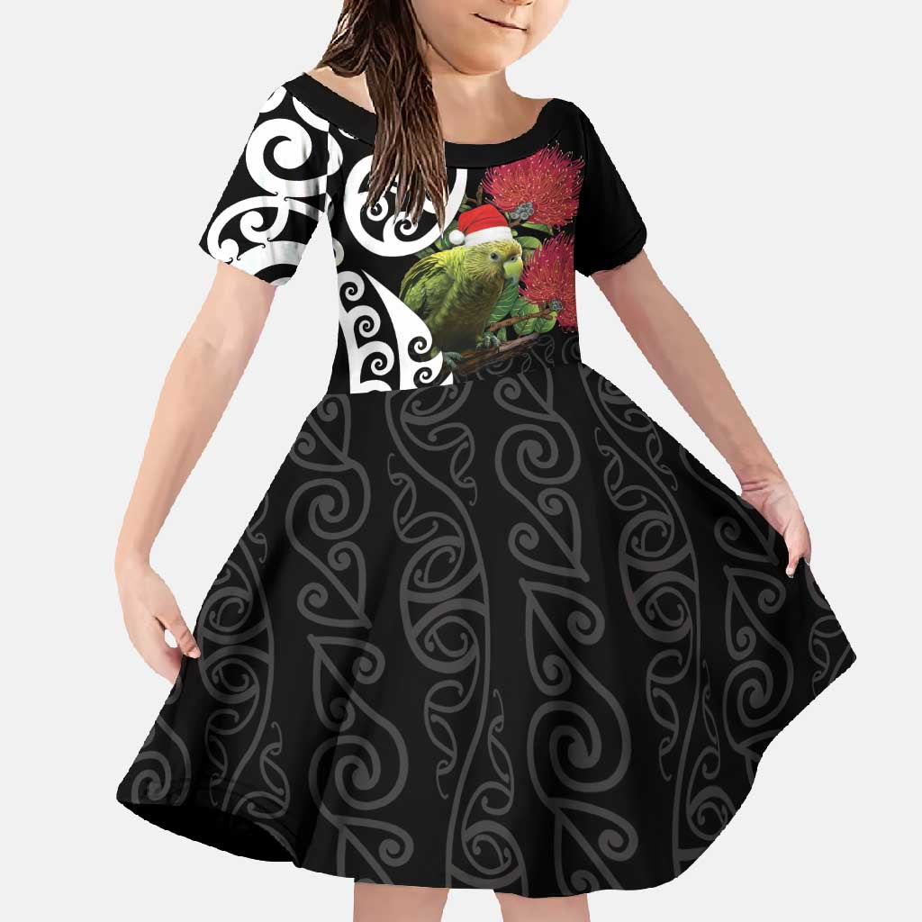 New Zealand Kakapo Christmas Family Matching Tank Maxi Dress and Hawaiian Shirt Meri Kirihimete Pohutukawa Flowers LT9 Daughter's Dress Black - Polynesian Pride
