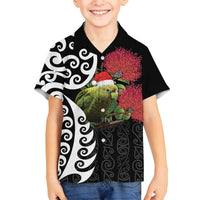 New Zealand Kakapo Christmas Family Matching Tank Maxi Dress and Hawaiian Shirt Meri Kirihimete Pohutukawa Flowers LT9 Son's Shirt Black - Polynesian Pride