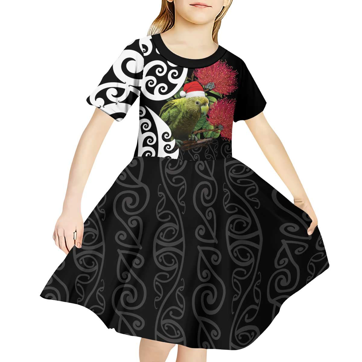 New Zealand Kakapo Christmas Kid Short Sleeve Dress Meri Kirihimete Pohutukawa Flowers