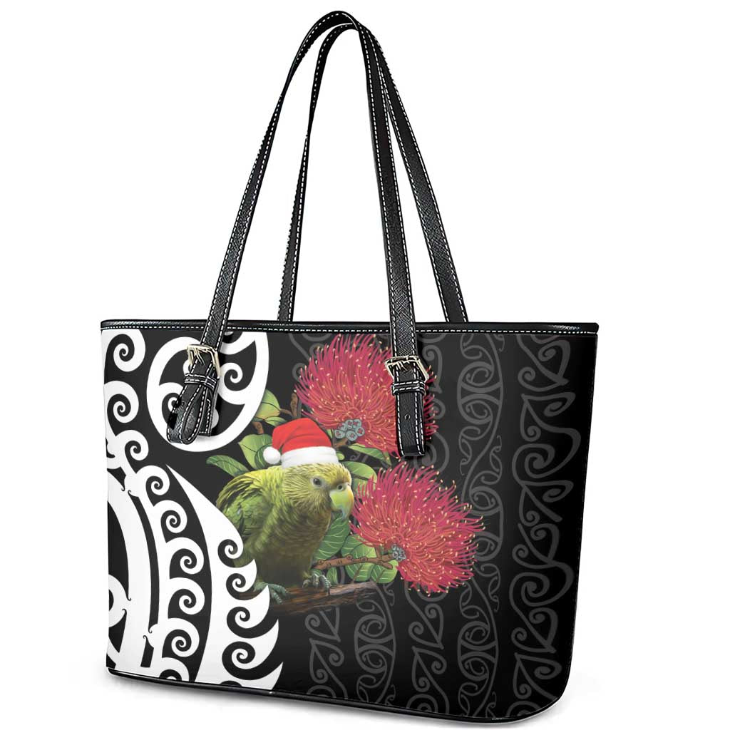 New Zealand Kakapo Christmas Leather Tote Bag Meri Kirihimete Pohutukawa Flowers