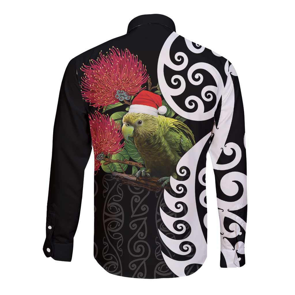 New Zealand Kakapo Christmas Long Sleeve Button Shirt Meri Kirihimete Pohutukawa Flowers