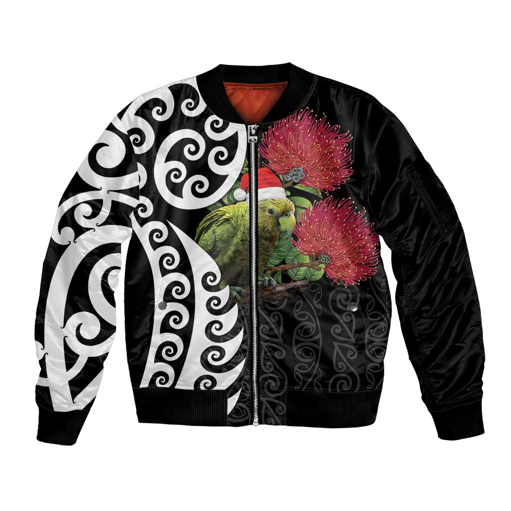 New Zealand Kakapo Christmas Sleeve Zip Bomber Jacket Meri Kirihimete Pohutukawa Flowers LT9 Unisex Black - Polynesian Pride