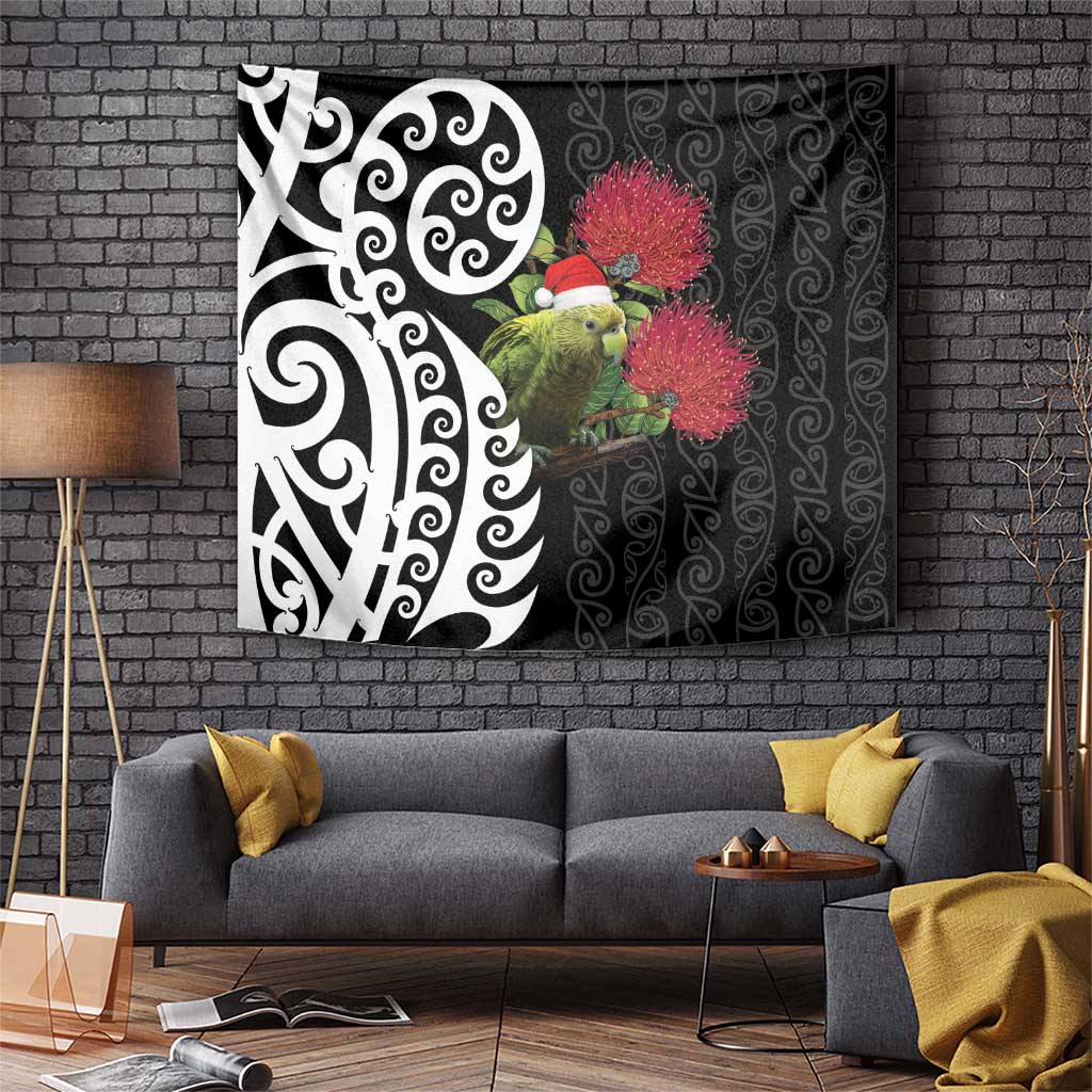 New Zealand Kakapo Christmas Tapestry Meri Kirihimete Pohutukawa Flowers LT9 Black - Polynesian Pride