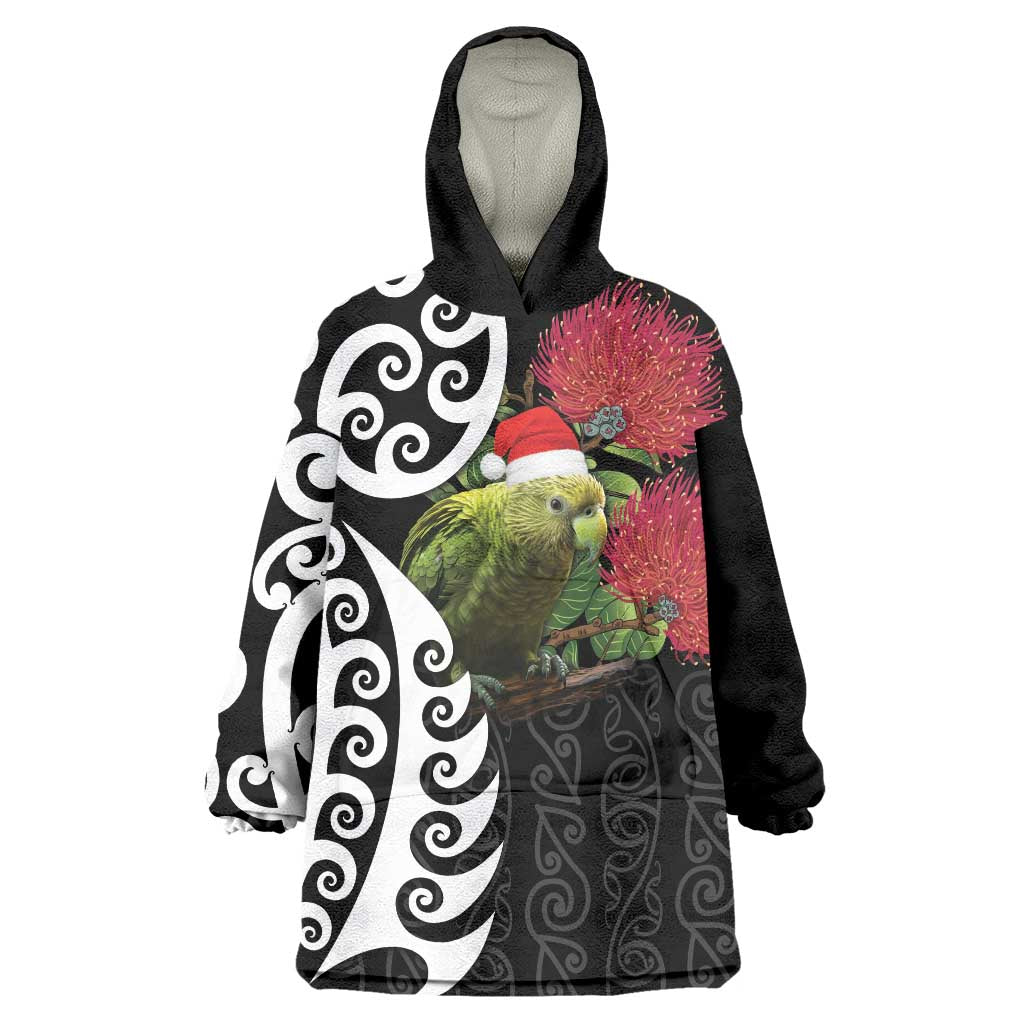 New Zealand Kakapo Christmas Wearable Blanket Hoodie Meri Kirihimete Pohutukawa Flowers LT9 One Size Black - Polynesian Pride
