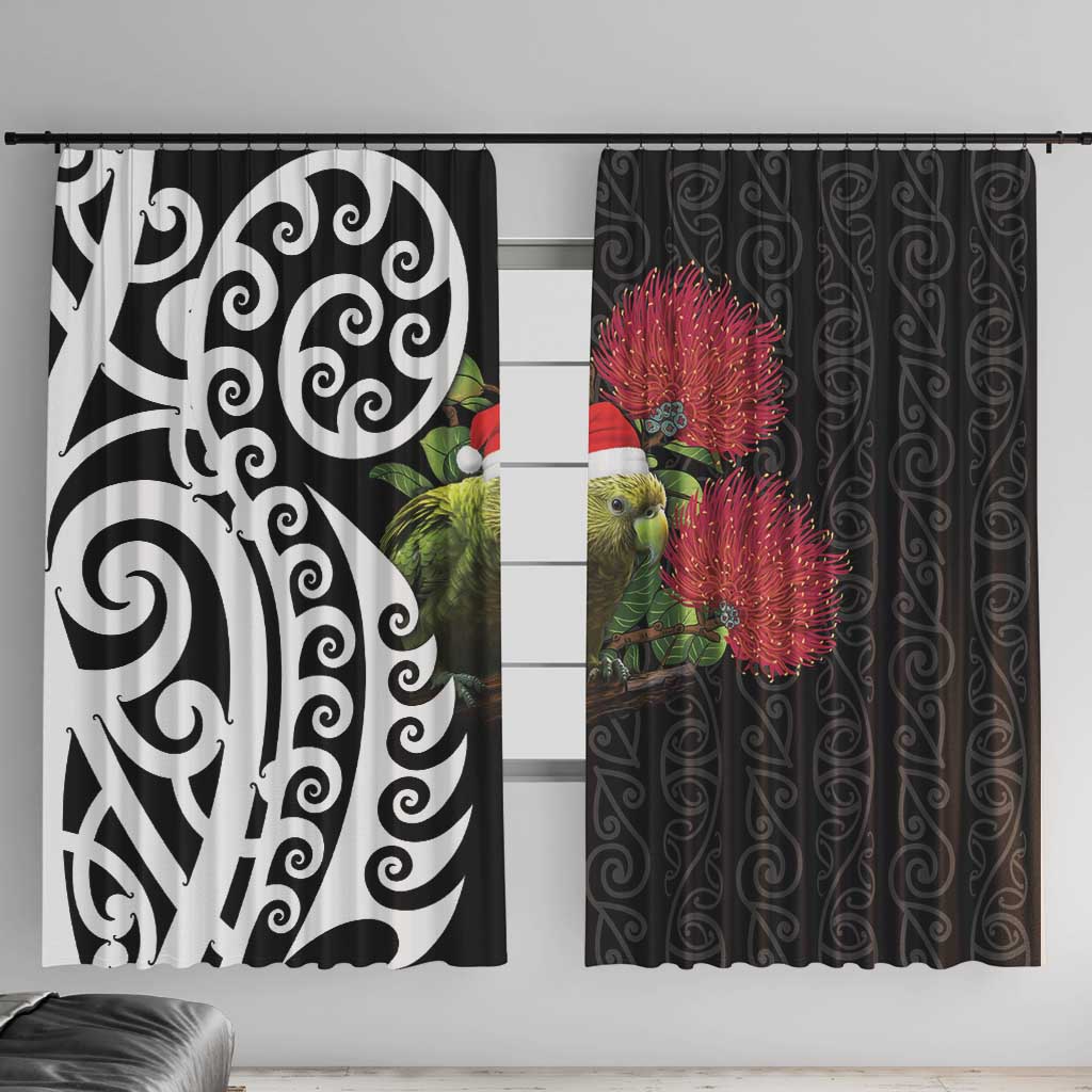 New Zealand Kakapo Christmas Window Curtain Meri Kirihimete Pohutukawa Flowers LT9 With Hooks Black - Polynesian Pride