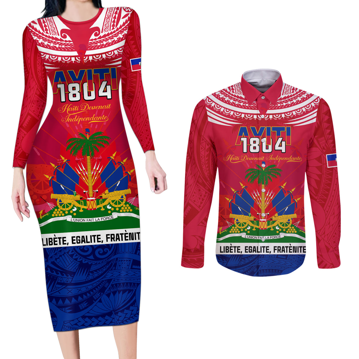 Haiti Independence Day Couples Matching Long Sleeve Bodycon Dress and Long Sleeve Button Shirt Libete Egalite Fratenite Ayiti 1804 With Polynesian Pattern LT9 Red - Polynesian Pride