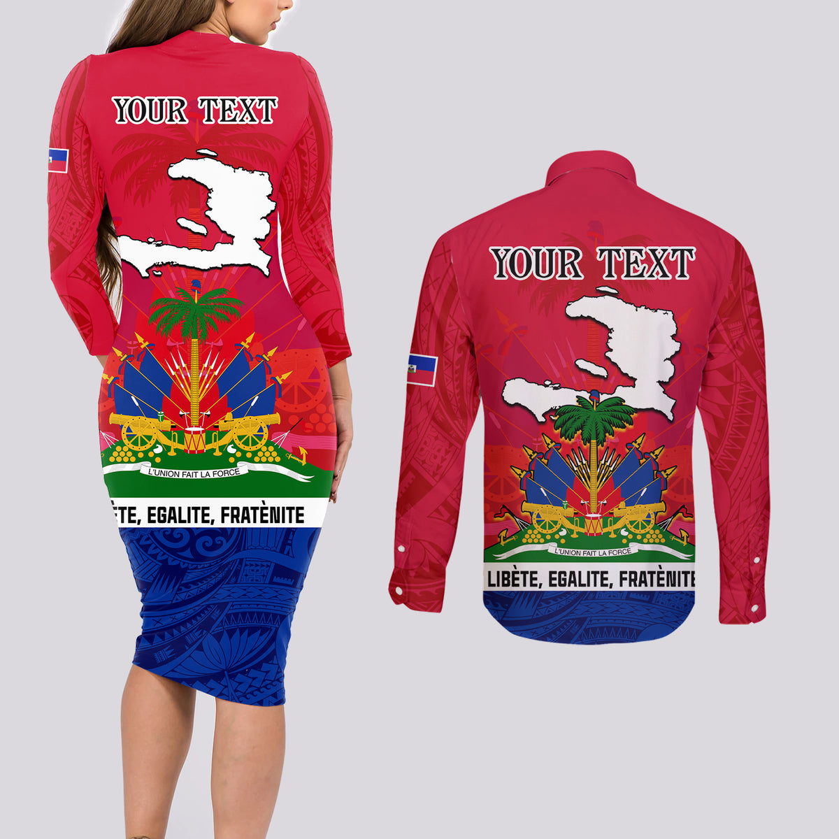 Haiti Independence Day Couples Matching Long Sleeve Bodycon Dress and Long Sleeve Button Shirt Libete Egalite Fratenite Ayiti 1804 With Polynesian Pattern LT9 - Polynesian Pride
