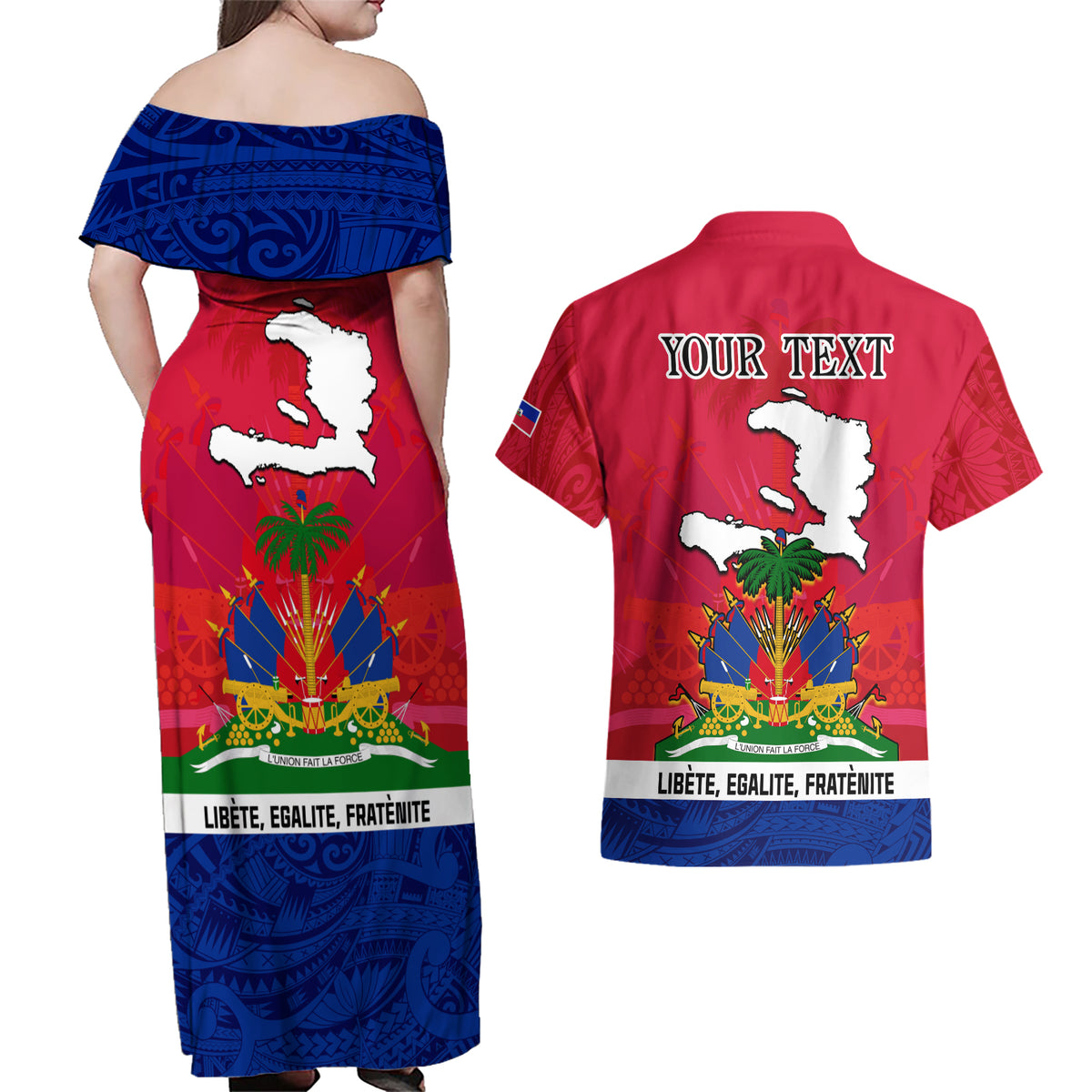 Haiti Independence Day Couples Matching Off Shoulder Maxi Dress and Hawaiian Shirt Libete Egalite Fratenite Ayiti 1804 With Polynesian Pattern LT9 - Polynesian Pride
