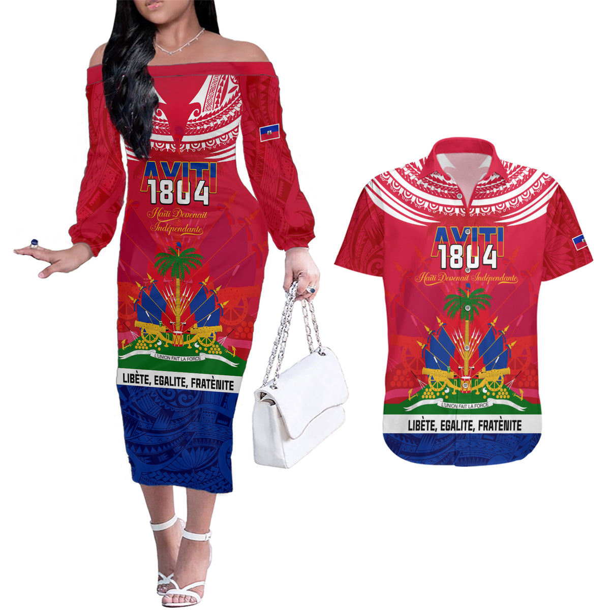 Haiti Independence Day Couples Matching Off The Shoulder Long Sleeve Dress and Hawaiian Shirt Libete Egalite Fratenite Ayiti 1804 With Polynesian Pattern LT9 Red - Polynesian Pride