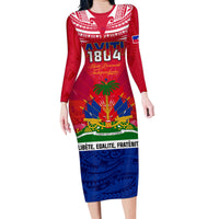 Haiti Independence Day Family Matching Long Sleeve Bodycon Dress and Hawaiian Shirt Libete Egalite Fratenite Ayiti 1804 With Polynesian Pattern LT9 Mom's Dress Red - Polynesian Pride