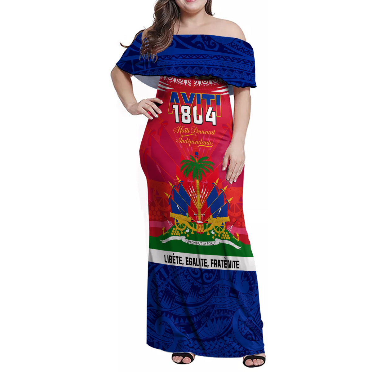 Haiti Independence Day Family Matching Off Shoulder Maxi Dress and Hawaiian Shirt Libete Egalite Fratenite Ayiti 1804 With Polynesian Pattern LT9 Mom's Dress Red - Polynesian Pride