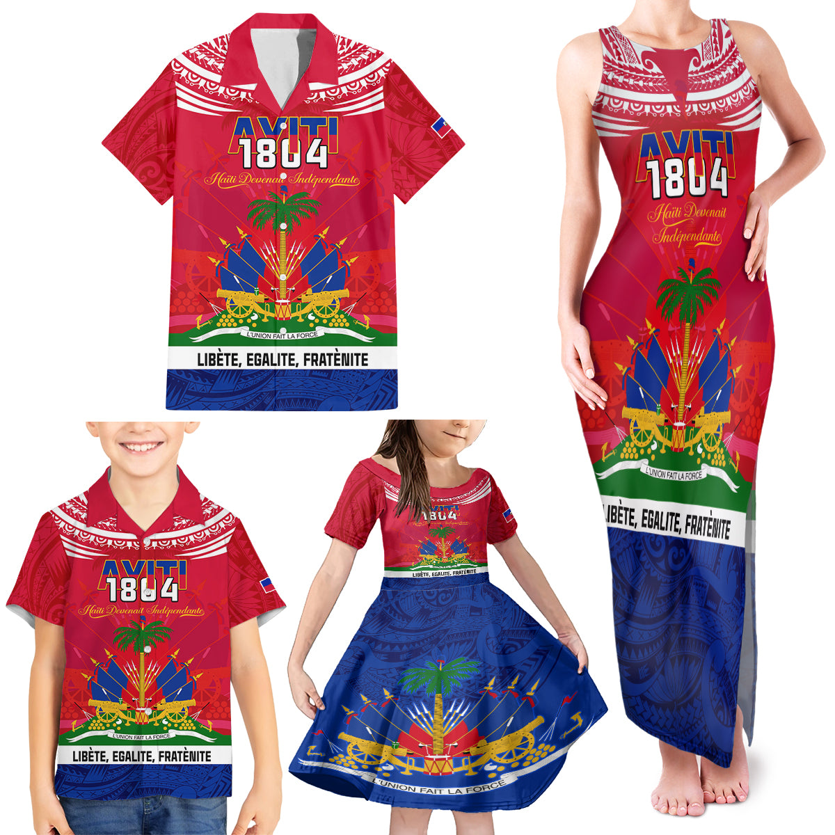 Haiti Independence Day Family Matching Tank Maxi Dress and Hawaiian Shirt Libete Egalite Fratenite Ayiti 1804 With Polynesian Pattern LT9 - Polynesian Pride