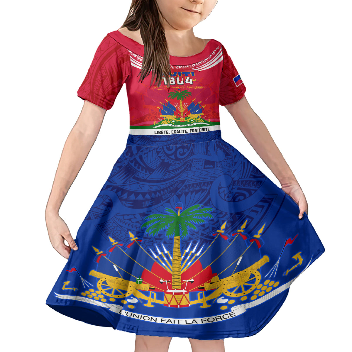 Haiti Independence Day Kid Short Sleeve Dress Libete Egalite Fratenite Ayiti 1804 With Polynesian Pattern LT9 KID Red - Polynesian Pride
