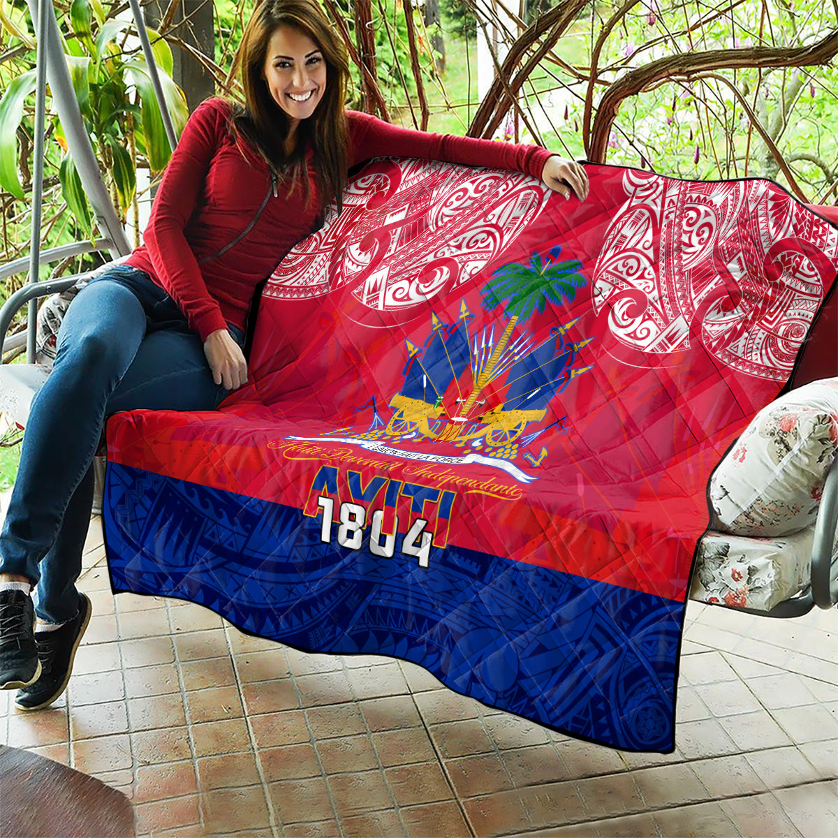 Haiti Independence Day Quilt Libete Egalite Fratenite Ayiti 1804 With Polynesian Pattern LT9 - Polynesian Pride