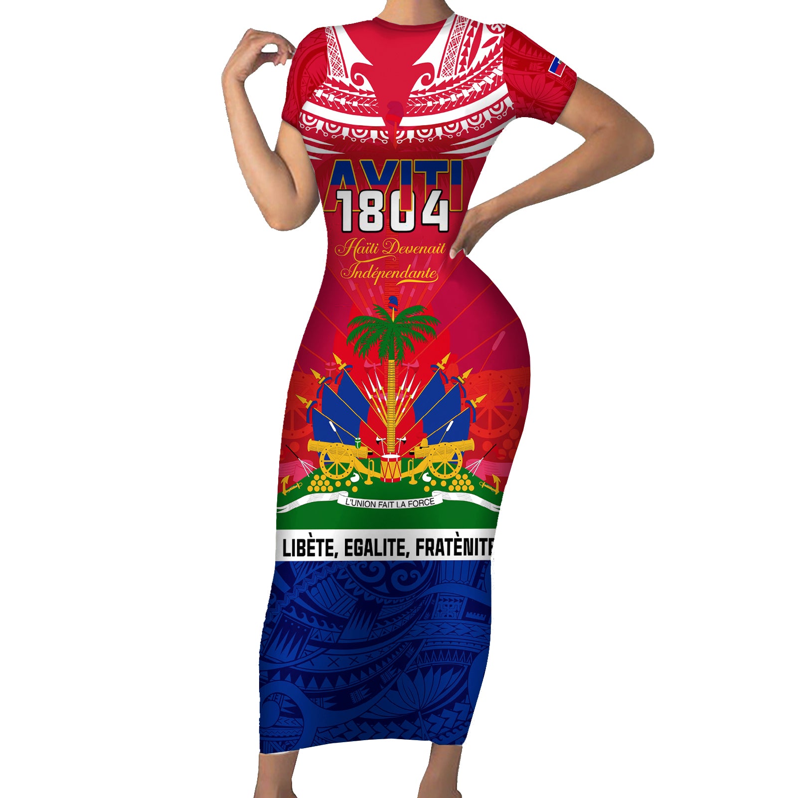 Haiti Independence Day Short Sleeve Bodycon Dress Libete Egalite Fratenite Ayiti 1804 With Polynesian Pattern LT9 Long Dress Red - Polynesian Pride
