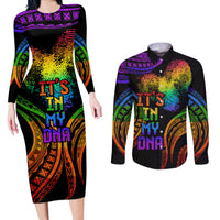 Personalised Its In My DNA Valentine Day Couples Matching Long Sleeve Bodycon Dress and Long Sleeve Button Shirt Fingerprint Heart with Color Pride Flag LT9 - Polynesian Pride