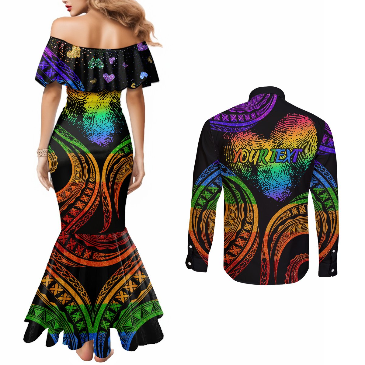 Personalised Its In My DNA Valentine Day Couples Matching Mermaid Dress and Long Sleeve Button Shirt Fingerprint Heart with Color Pride Flag LT9 - Polynesian Pride