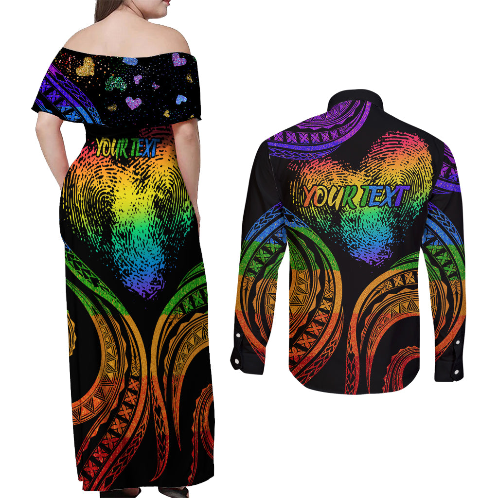Personalised Its In My DNA Valentine Day Couples Matching Off Shoulder Maxi Dress and Long Sleeve Button Shirt Fingerprint Heart with Color Pride Flag LT9 - Polynesian Pride