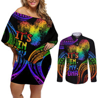 Personalised Its In My DNA Valentine Day Couples Matching Off Shoulder Short Dress and Long Sleeve Button Shirt Fingerprint Heart with Color Pride Flag LT9 - Polynesian Pride
