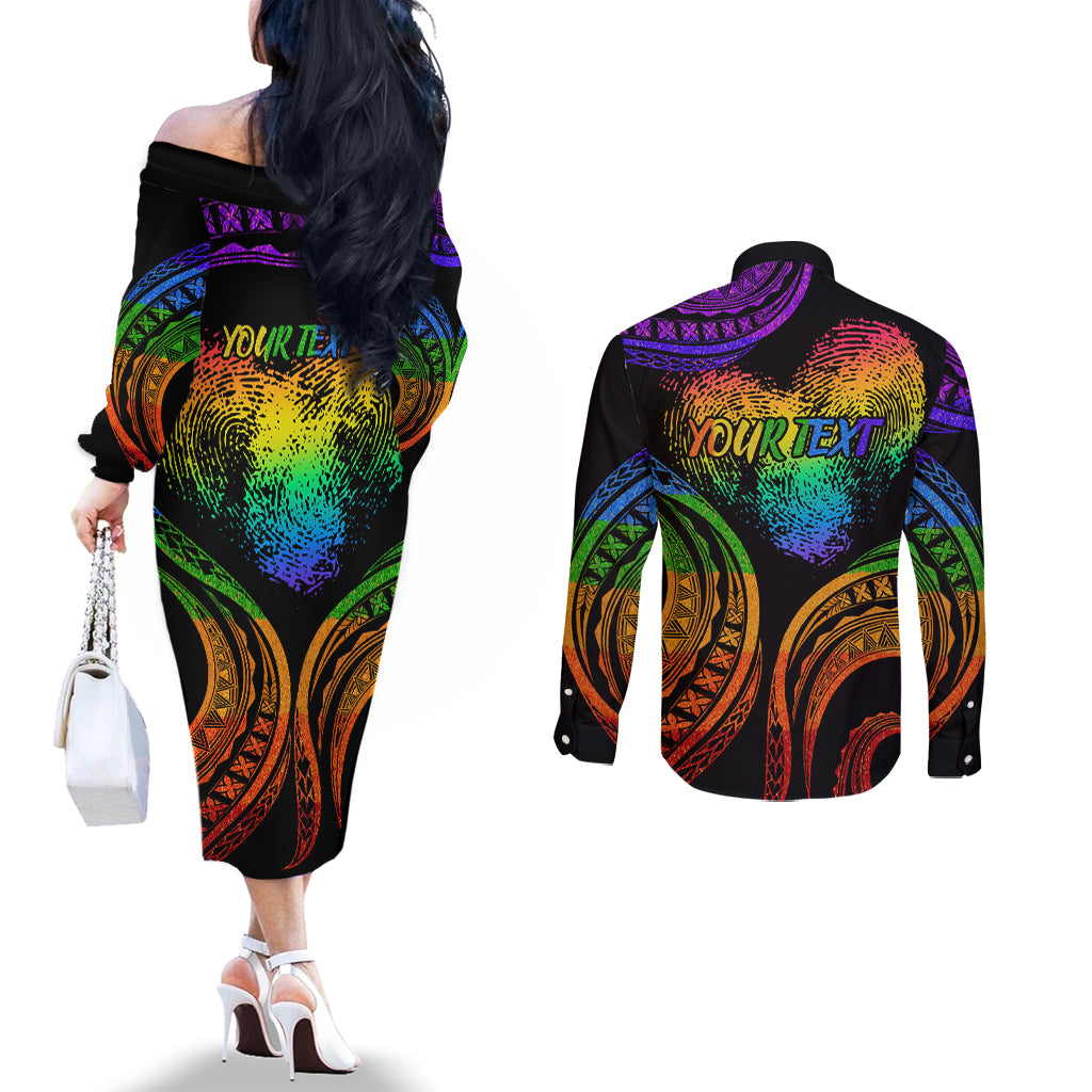 Personalised Its In My DNA Valentine Day Couples Matching Off The Shoulder Long Sleeve Dress and Long Sleeve Button Shirt Fingerprint Heart with Color Pride Flag LT9 - Polynesian Pride